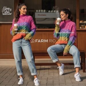 Farm Rio rainbow striped looped fringe cotton blend pullover *shop@iamwarrior